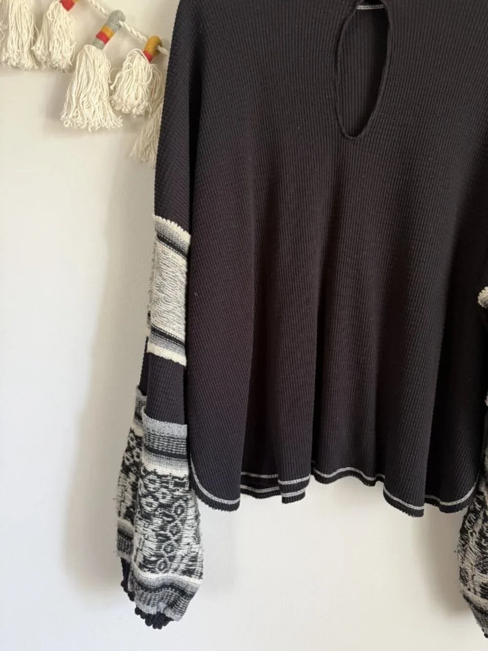 Free People Northern Lights Thermal Mock Neck Balloon Sleeve Top Boho Festival L